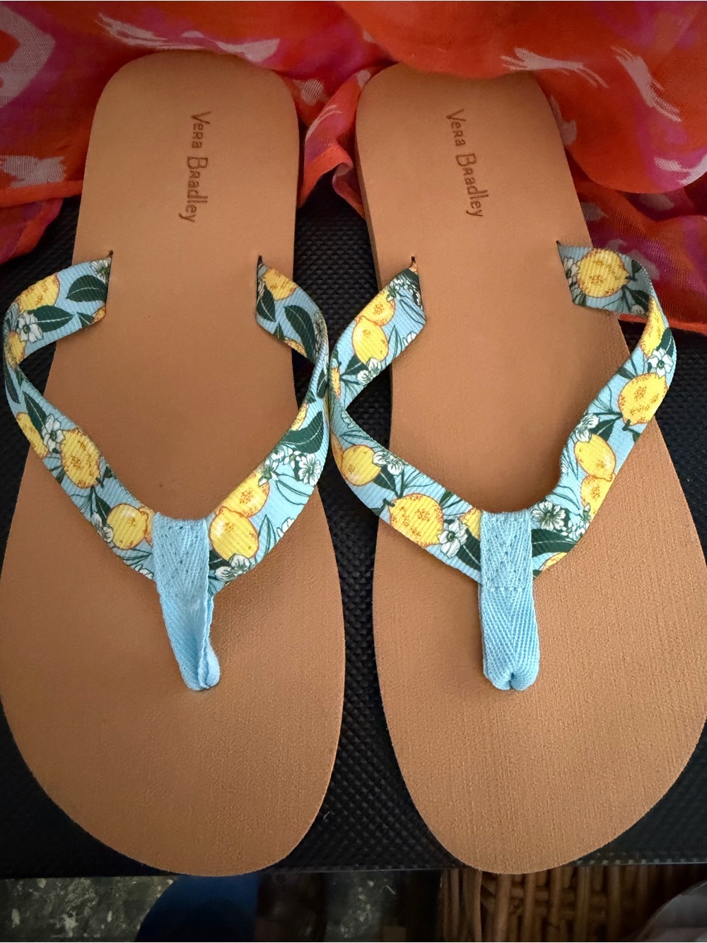 Vera Bradley Lemon Print Blue Strap Flip Flop Sandals